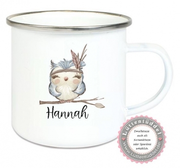 Preview: ♥ Tasse Emaillebecher Eule Federn BOHO , Einschulung KITA Wunschname, Dankeschön, Geburtstag, Abschied, Jubiläum, Geschenk, Kommunion, Firmung Konfirmation, Becher von Lüttentüddel